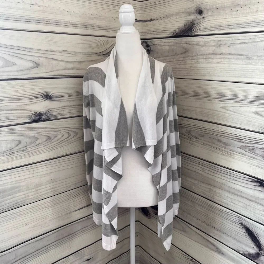 DKNY Grey & White Striped Draped Front Cardigan